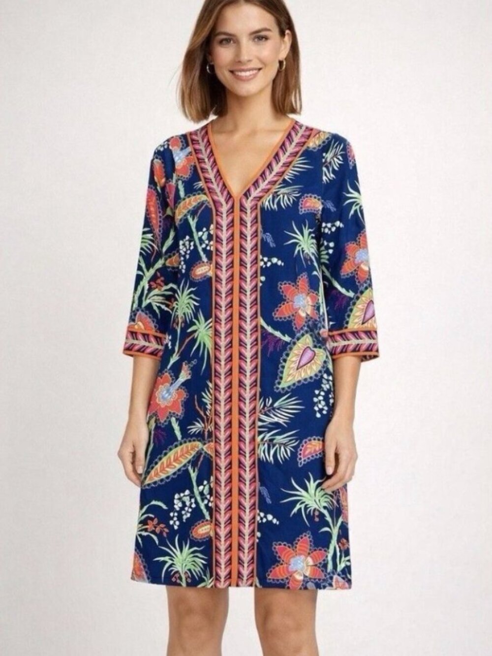 NWOT Gretchen Scott Tropical Floral Shift Dress 3/4 Sleeve. Size XS